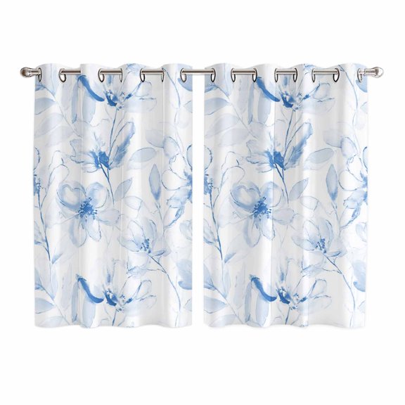 Blue Flower Kitchen Curtains Window Panels, Watercolor Floral Botanical Line Drawing Print Insulated Window Treatment Curtain, Grommet Curtains for Bedroom/Living Room/Bathroom, 2 Piece 52"Wx72"L