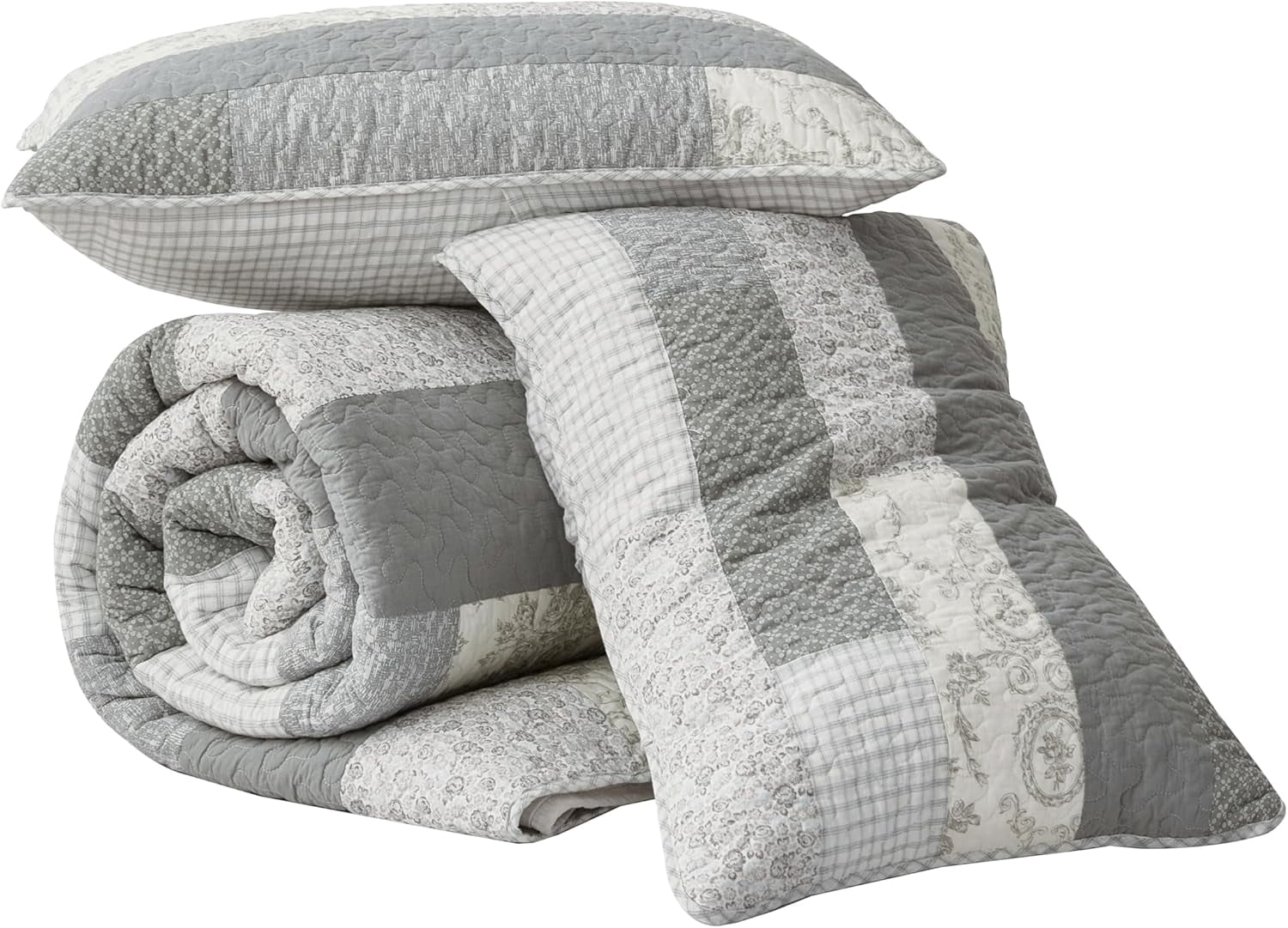 Chezmoi Collection 3-Piece Muted Gray White Ivory Floral Plaid Rectangular Patchwork Cotton Quilt Reversible Lightweight Bedspread Set, Oversized King 120x96