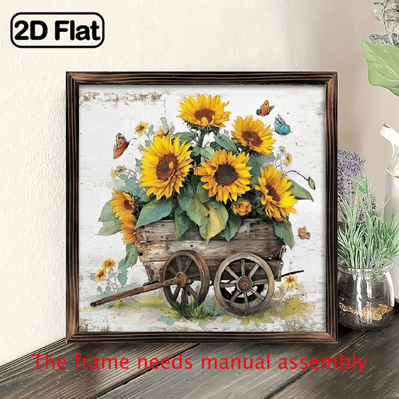 2D Flat, 1pc Wooden Painting - 8x8 Inches, Beautiful Sunflower Artwork, Vintage Sunflower Picture for Home Decor, Flowers In The Truck Paintings Prints Artwork, for Any Scene Such As Bedroom And L