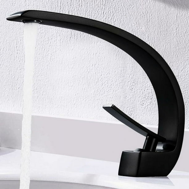 Grifo de baño, mezclador de lavabo negro, grifo de lavabo monomando curvo para baño, grifo moderno minimalista de un solo orificio, válvula de cerámica, agua fría y caliente ajustable