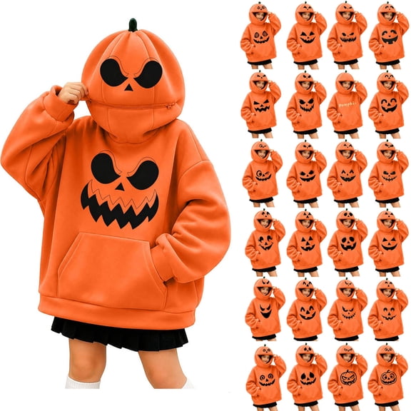 CINVREST Teen Girls Halloween Hoodie Cute Pumpkin Mask Fashion Oversized Hoodies Casual Long Sleeve Hooded Pullover Tops (15 Years, Orange)