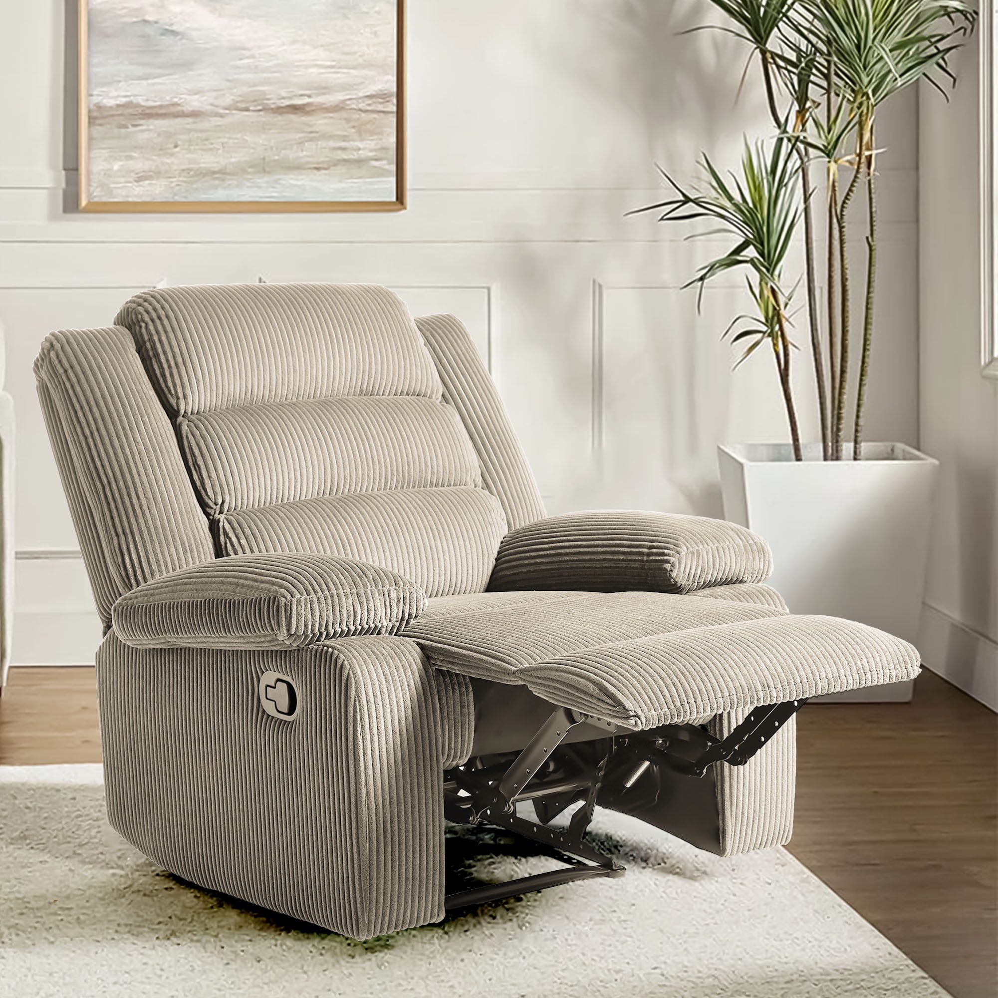 UIXE Manual Recliner Chair, Corduroy Reclining Sofa Chair with Overstuffed Armrests & Backrest for Living Room, Nursery Armchair Bedroom Reading Seat, Oatmeal