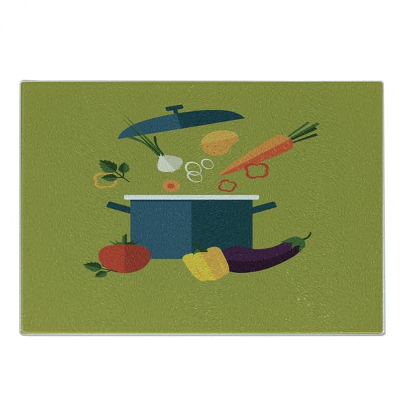 Vegetable Art Cutting Board, Vegetarian Soup with Ingredients Cooking Pot Diet Heath Well Being Theme, Decorative Tempered Glass Cutting and Serving Board, in 3 Sizes, by Ambesonne