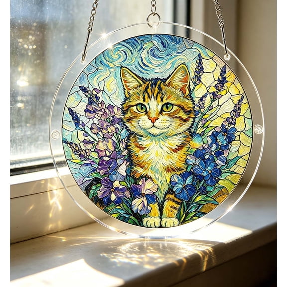 7.87 Inch Acrylic Jigsaw Puzzle Suncatcher, Van Gogh Inspired Stained Glass Window Hanging Decor, With Chain for Home Garden Patio Artistic Display