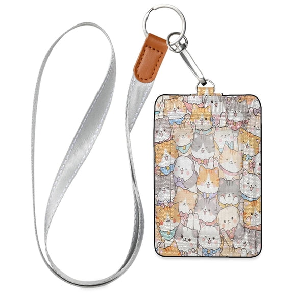 PU Leather Badge Holder Lightweight ID Card Holder with Window Pocket Cat Pattern with Bow Ties
