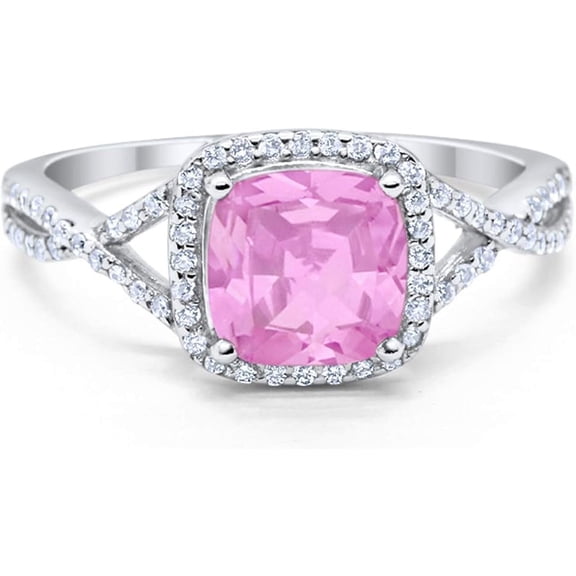 Divine Creation 925 Sterling Silver 2.00 Ct Cushion Cut Pink Sapphire Wedding Engagement Halo Ring 14K White Gold Plated For Women's -4.5