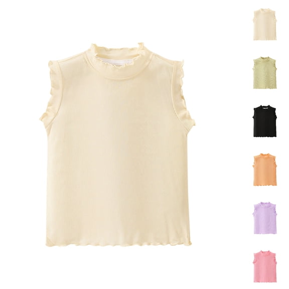 SGFCWSX Girls Tank Tops Kids Ribbed Frill Trim Sleeveless Mock Neck Casual Tops Breathable Lightweight for Daily Wear Beige Size 2 Years