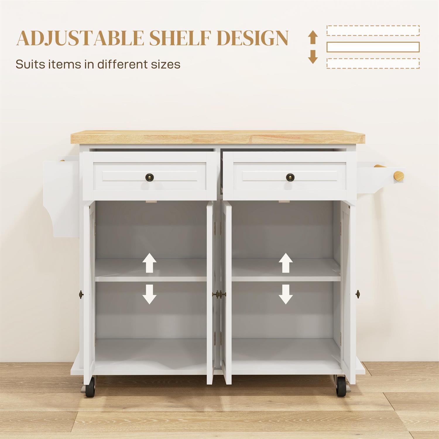 Demi Bonn 43" Kitchen Island with Wheels, Rolling Cart featuring Rubberwood Top, Spacious Drawers, Towel & Spice Racks for Home Cooking, White