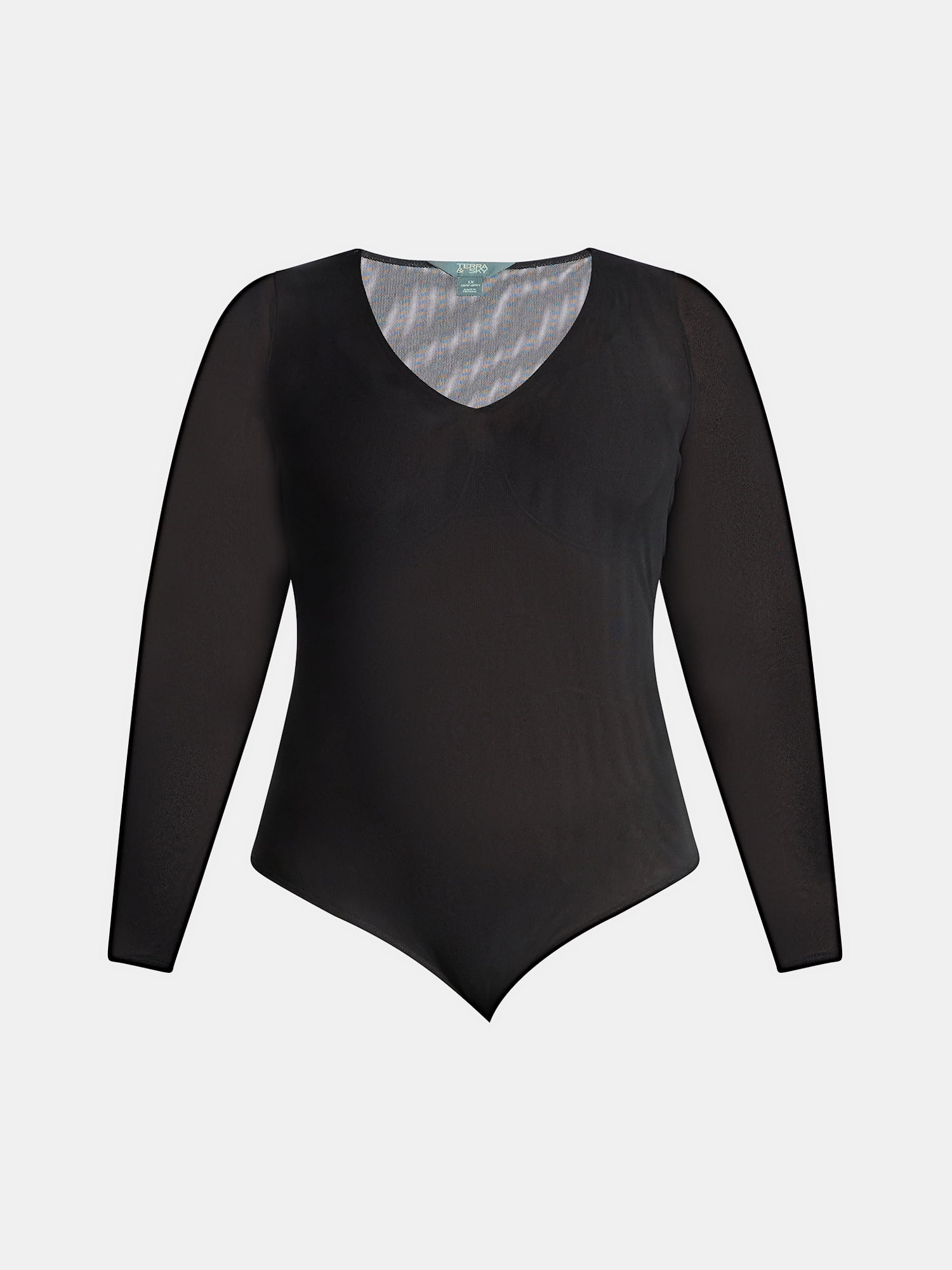 Terra & Sky Women's Plus V Neck Mesh Bodysuit with Long Sleeves, Sizes 0X-5X