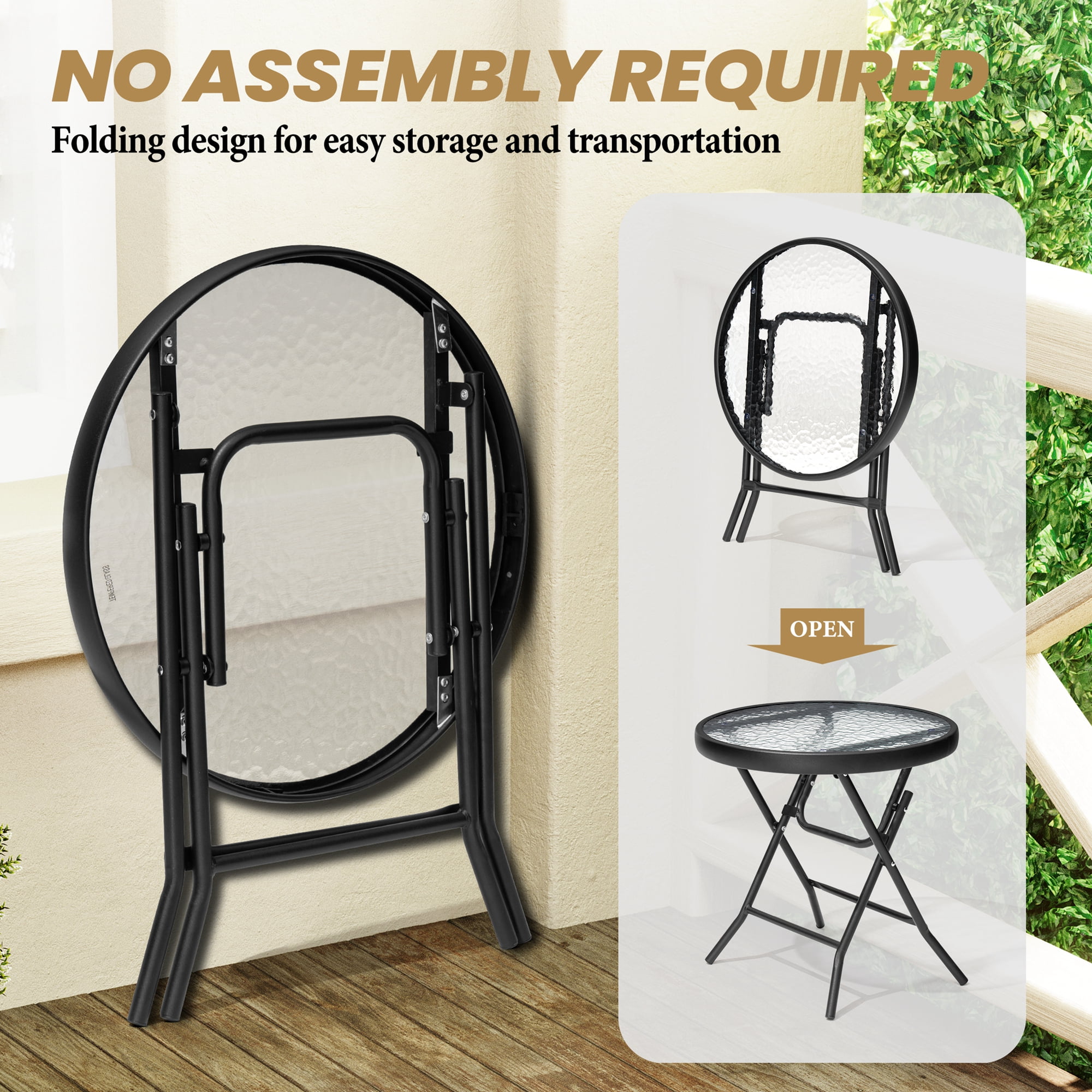 Pellebant Foldable Patio Side Table with Tempered Glass Top 18" Small Glass Patio End Tables for Porch Yard Balcony Deck Lawn Dining Garden (Black)