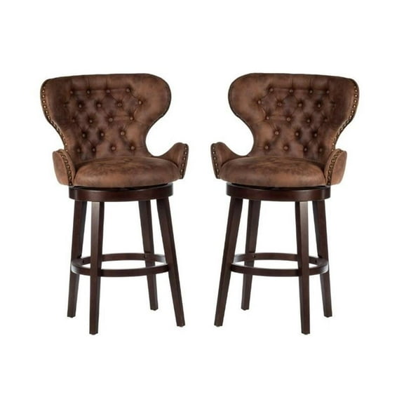 Home Square 2 Piece Swivel Upholstered Wood Bar Height Stool Set in Chocolate