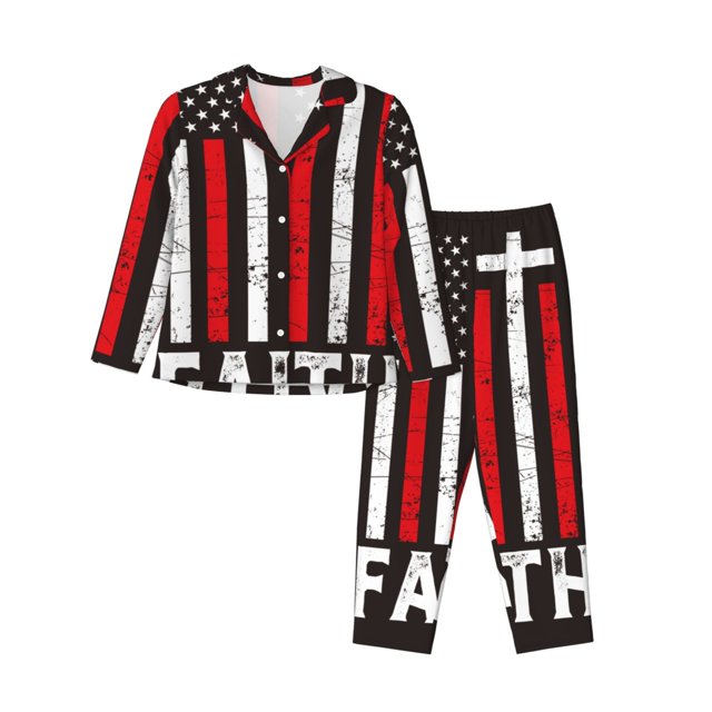 Fotbe USA Flag Cross Conjunto de Pijama de Manga Larga para Mujer con Estampado, Ropa de Dormir de 2 Piezas, Conjunto de Casa Suave y Cómodo con Bolsillos-Medium
