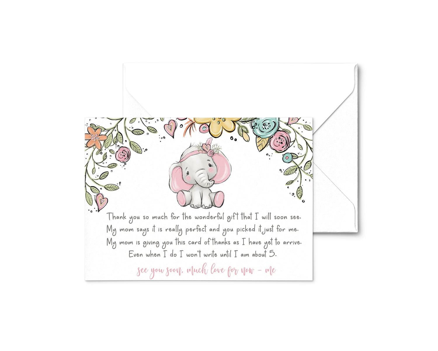 Cottage Elephant Baby Shower Thank You Cards with Envelopes Pack of 25 Note from Girl Thanking Guests for Gifts Pink Jungle Animal Floral Theme Stationery Set (4 X 6 size) Paper Clever Party