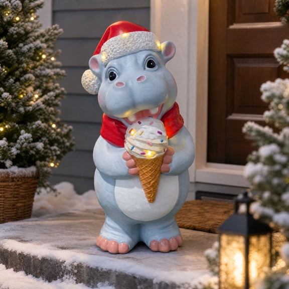 Christmas Hippo Statue 8", Lighted Santa Hippopotamus with Ice Cream for Porch Tabletop, Christmas Gift