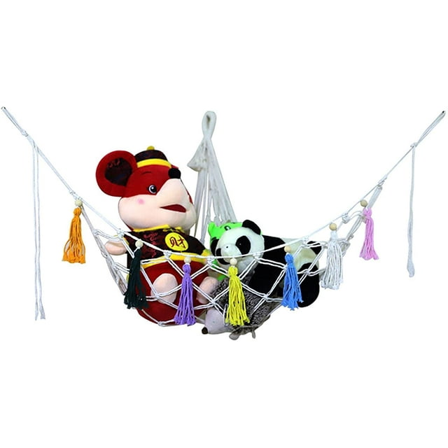 Hamac pour Peluches Macramé Boho Support de Rangement pour Jouets Organisateur de Peluches Coin de Rangement Filet à Franges pour Décoration de Chambre d'Enfant