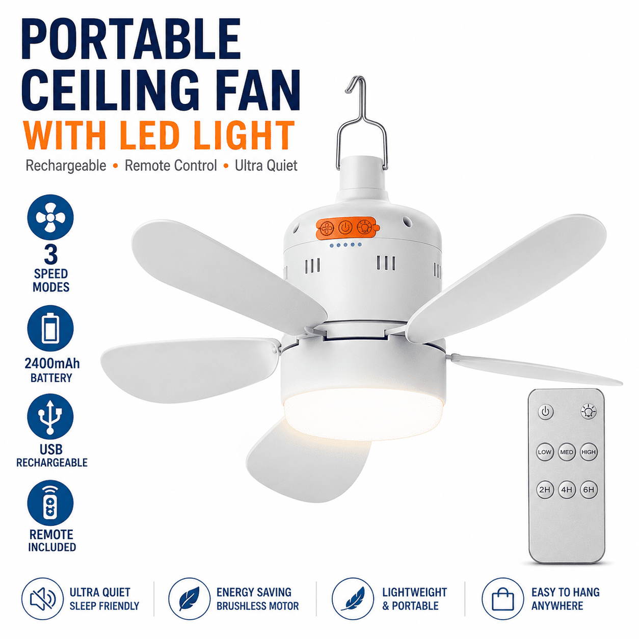 SIYTUAU Portable Ceiling Fan With Remote Control Rechargeable Led Light 17.32x17.32x5.91In For Camping Tent Outdoor Hanging Fan Usb Powered Mini Fan White Adjustable Speed