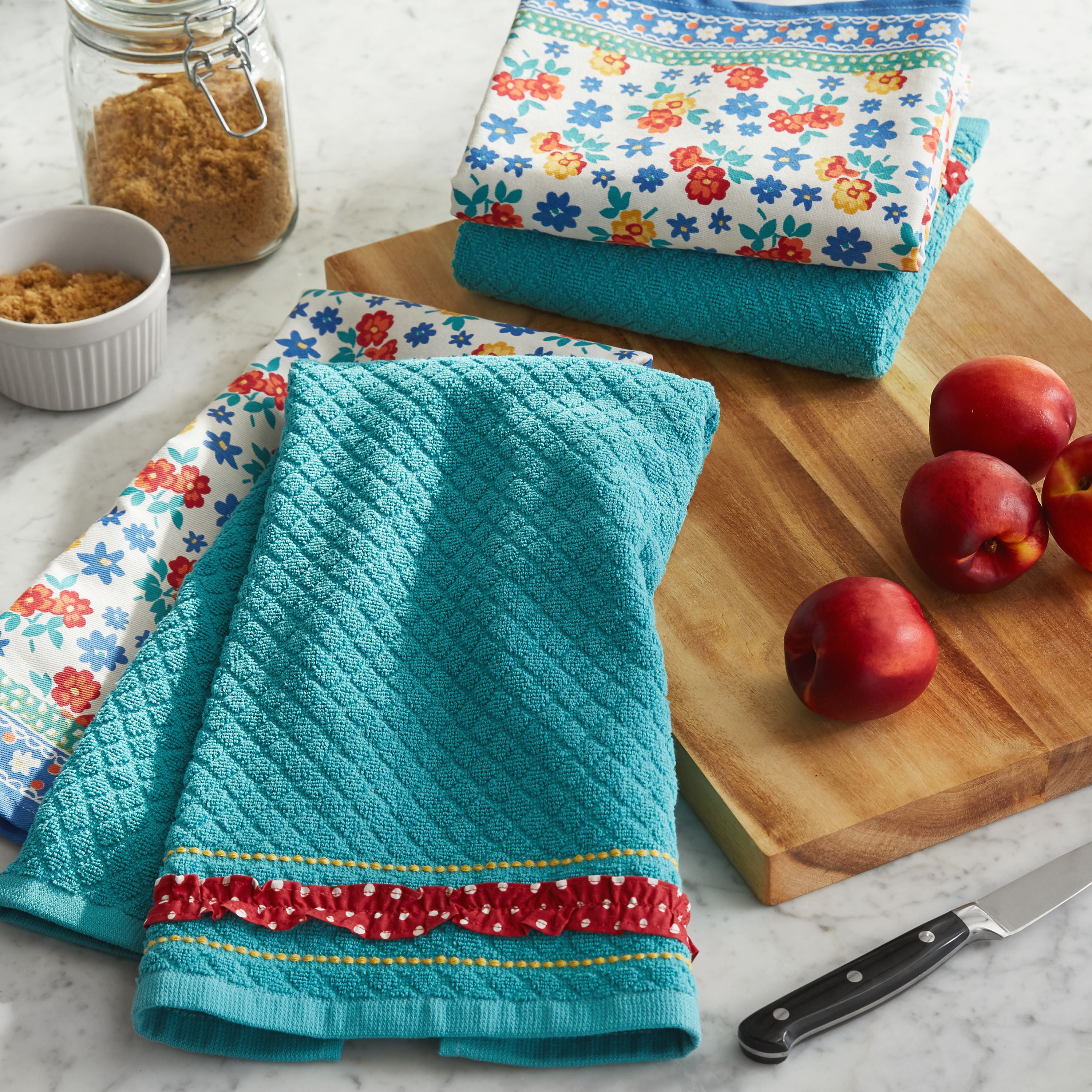 Set Pioneer Woman Crochet Top Kitchen Towels Sweet Romance Floral 4 Gray 
