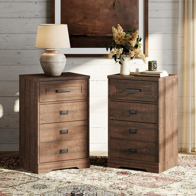 WAMPAT Lot de 2 Tables de Nuit Hautes, Table d'Appoint à 3 Tiroirs, Table de Bout pour Chambre, Salon, Bureau, Brun Rustique