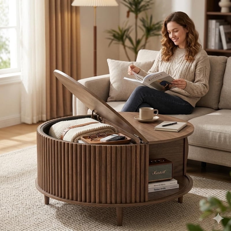 Kelno 31 Inch Round Coffee Table Mid Century Fluted Center Table with Sliding Door,Brown