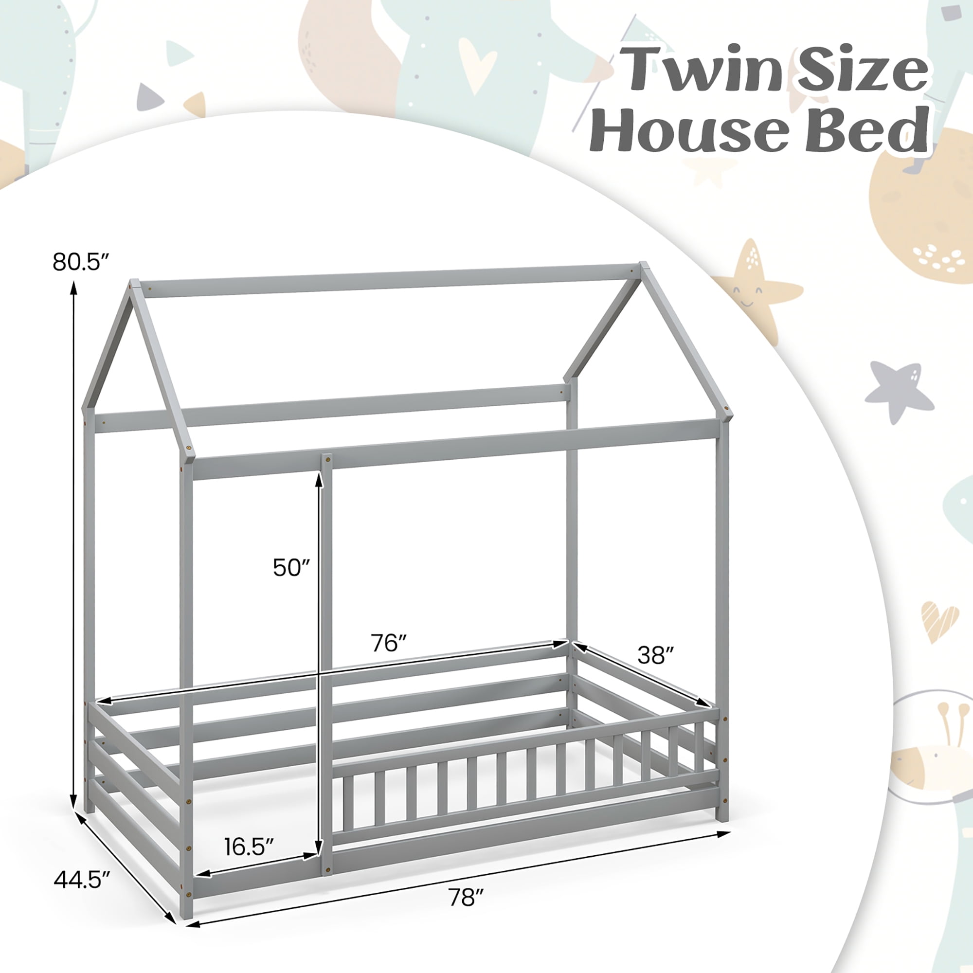 Gymax Twin Size House Bed w/ Roof & Full-length Safety Guardrail Playhouse Bed Frame Grey