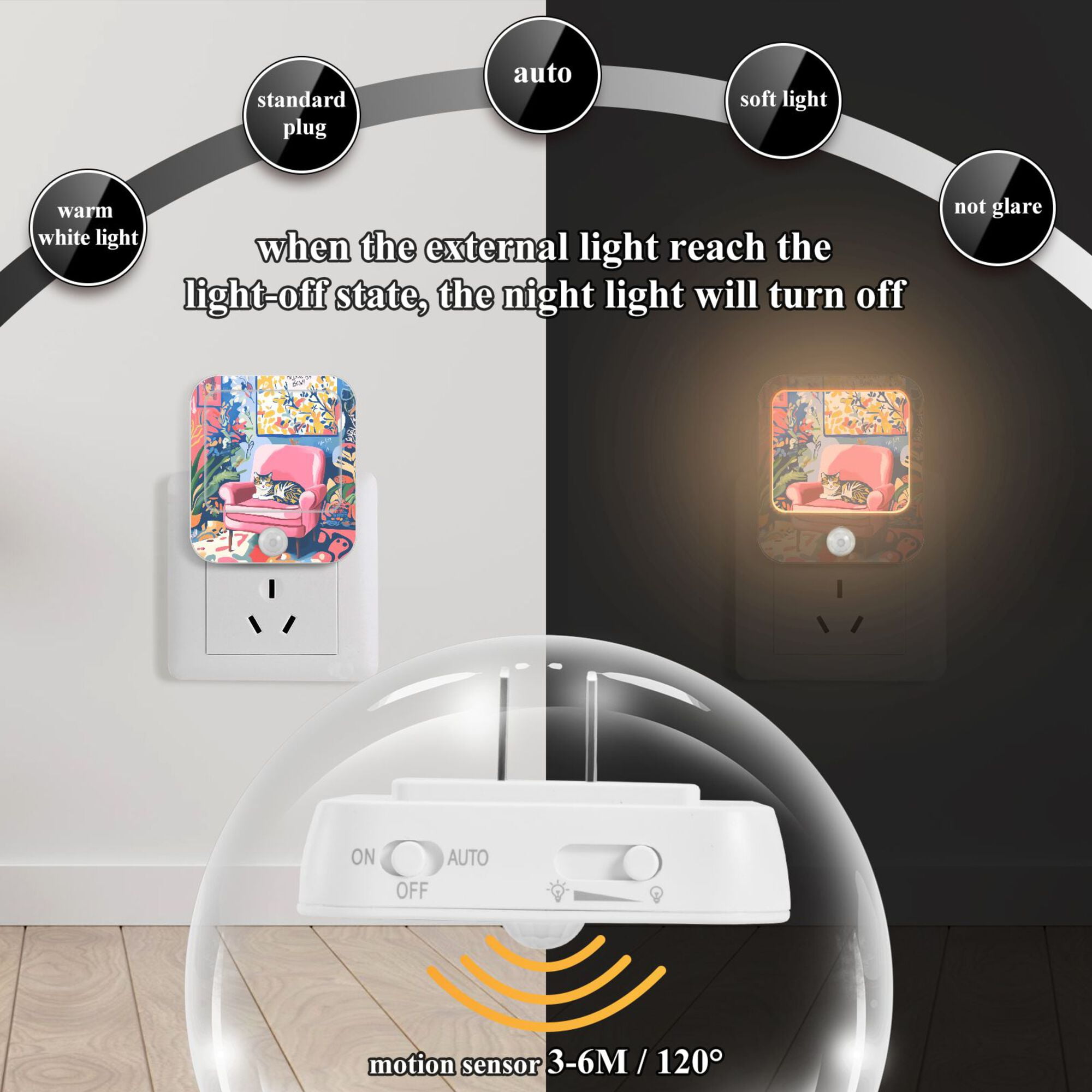 Yayeee LED Night Lights with Motion Detectors Auto Dusk to Dawn Light Sensors, 2 Pack, Art Cat