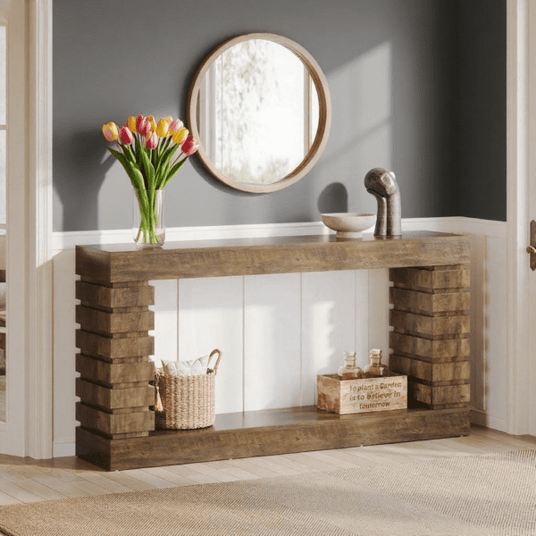 Industrial Multifunctional Accent Console Table - Vintage Brown 2-Tier Storage Shelves, Compact Narrow Design for Entryway, Hallway, Living Room