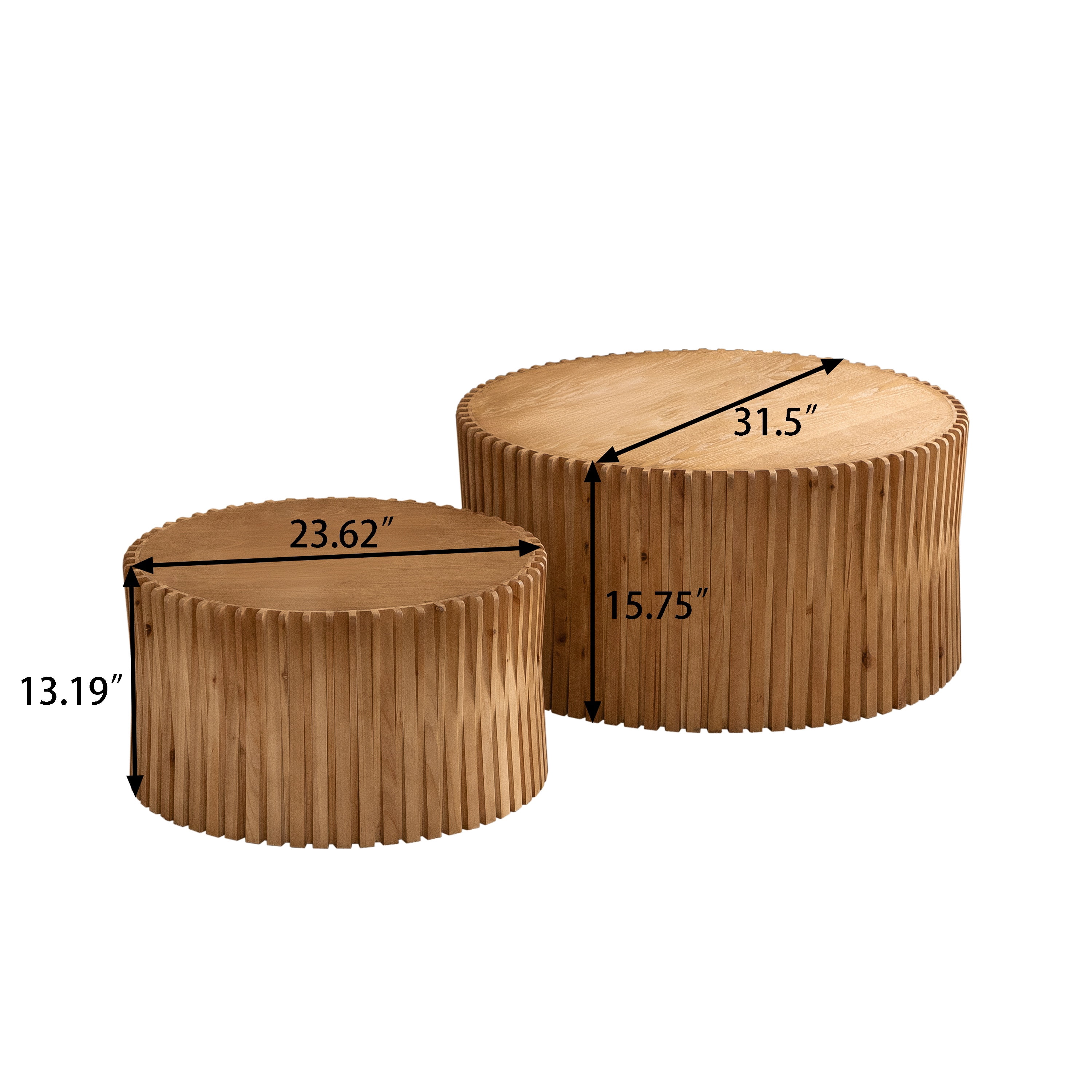 Vintage Fashion Style Cylindrical Nesting Coffee Table Set with Vertical Textured Embossed Design for Living Room, Office and Dining Room, Natural (Set of 2), Length 31.5" and 23.62"