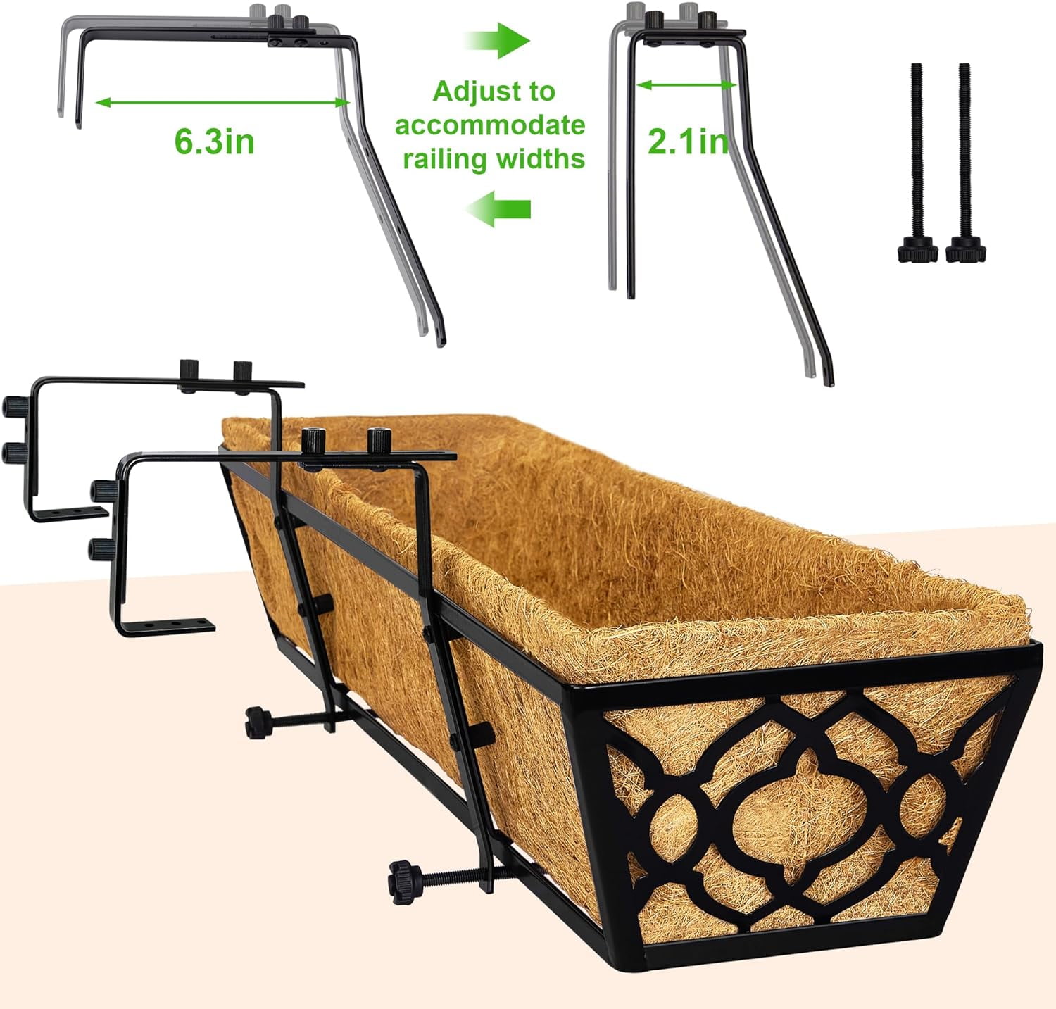 Y&M 2 pack 24 in Metal Rail Planters with Coco Coir Liners, Horse Trough Style for Deck Railing, Black