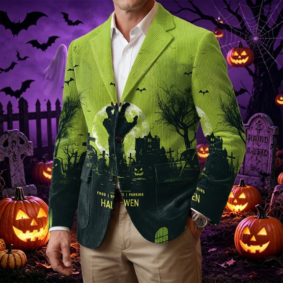 Mens Halloween Corduroy Blazer Jacket Three Button Corduroy Blazer Halloween Full Printed Long Sleeve Holiday Outerwear