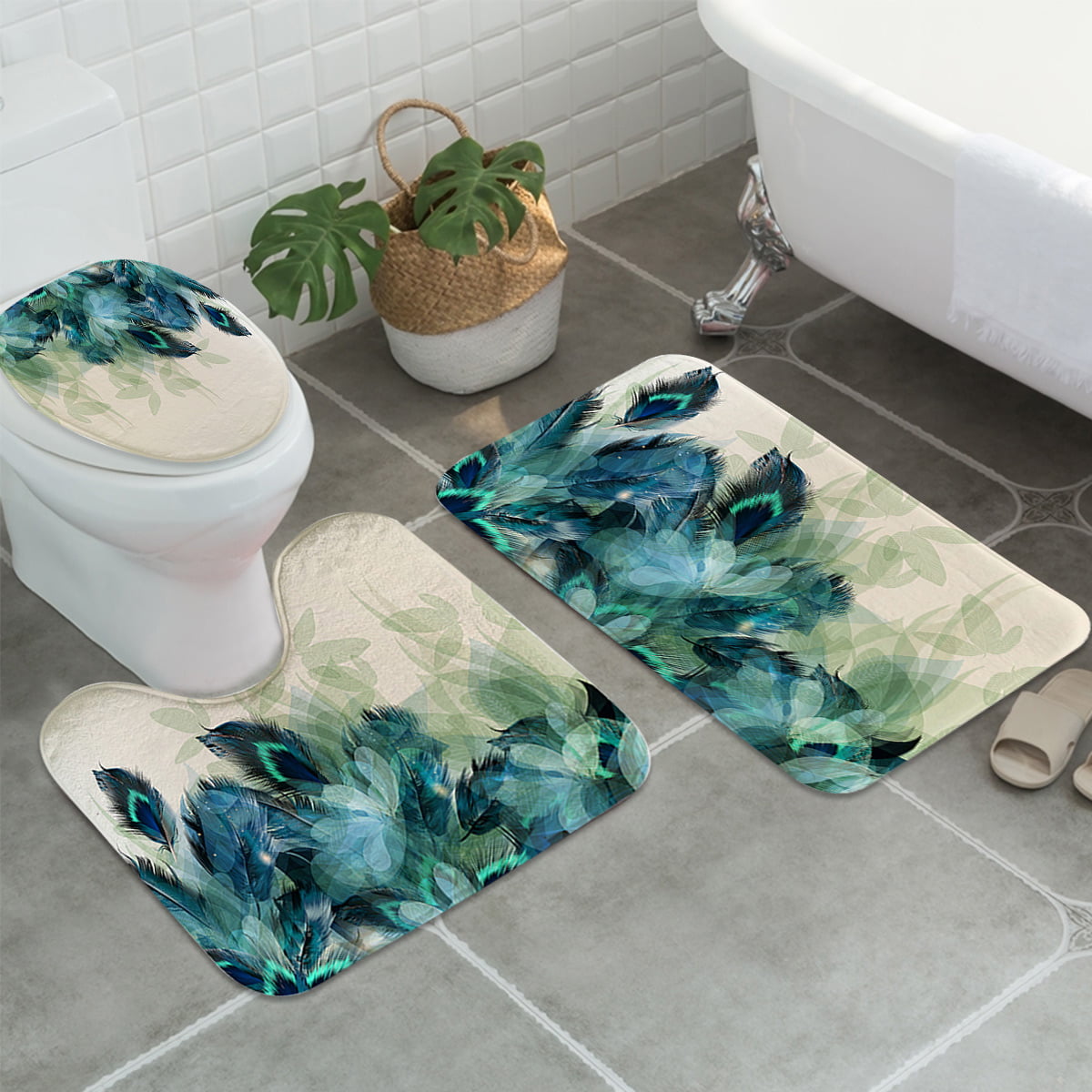 Watercolor Peacock Feather Shower Curtain 3Pcs Toilet Seat Anti Slip Soft Mat 