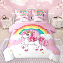 Manfei Kawaii Unicorn 7-Piece Bedding Comforter Set,Magic Cartoon Animal King Bedding Sets,Rainbow Stars Pattern Bed Sheets For Girl,Super Cozy Room Decor Reversible