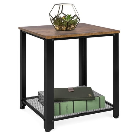 Best Choice Products 2-Tier Rustic Industrial Side End Table, Living Room & Bedroom Accent Furniture w/ Wood Finish Top, Metal Mesh Storage Shelf, Adjustable