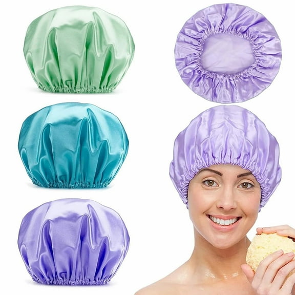 Rongsi Shower Caps for Women Reusable Waterproof, 3 Pack Women Shower Caps Reusable EVA Hair Cap for Shower Double Protection Layers Elastic