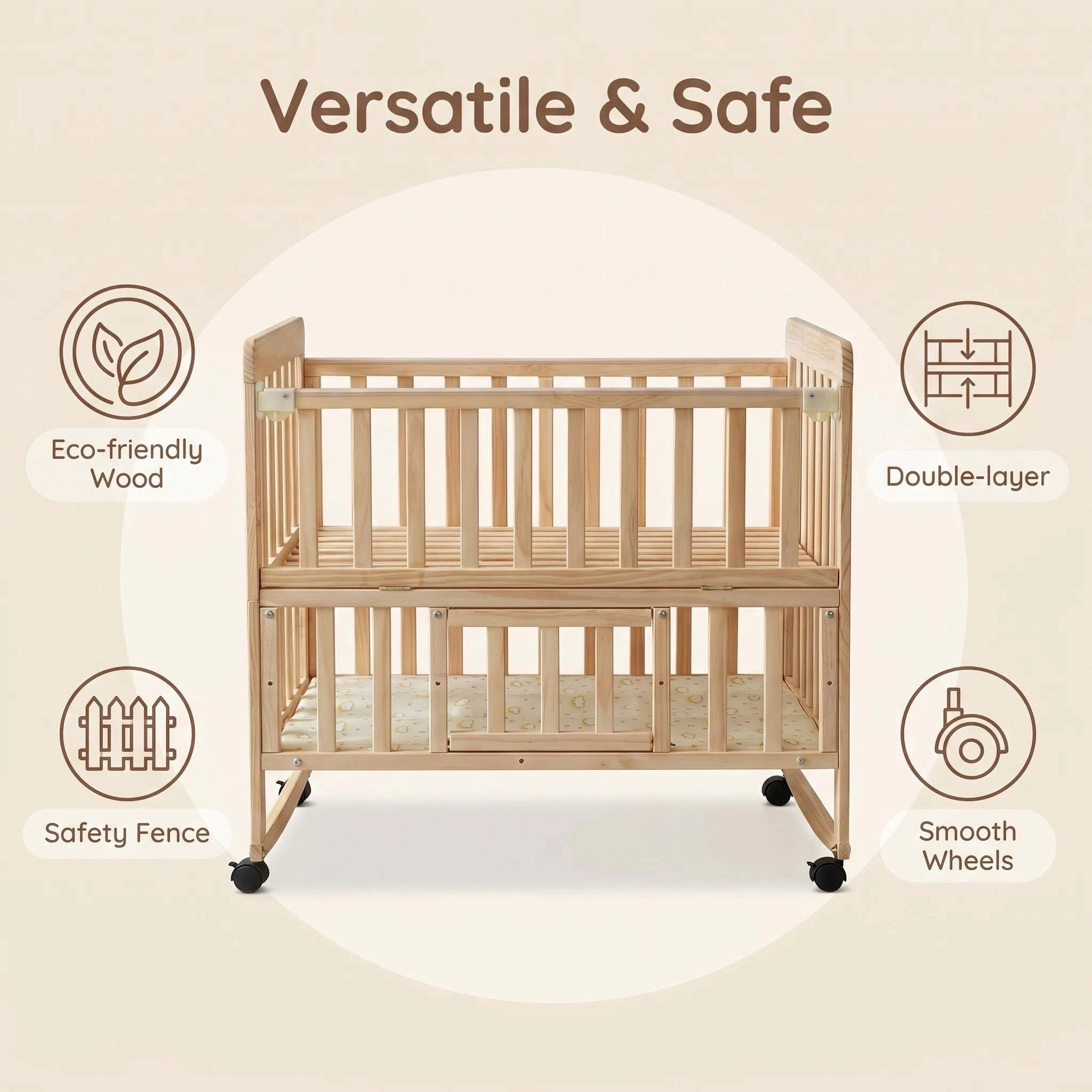 Portable Mini Baby Convertible Crib,Bedside Sleeper Bed,Solid Pine Wood Bassinet,Playpen & Toddler Bed with Wheels & Under-Crib Storage,0-36M