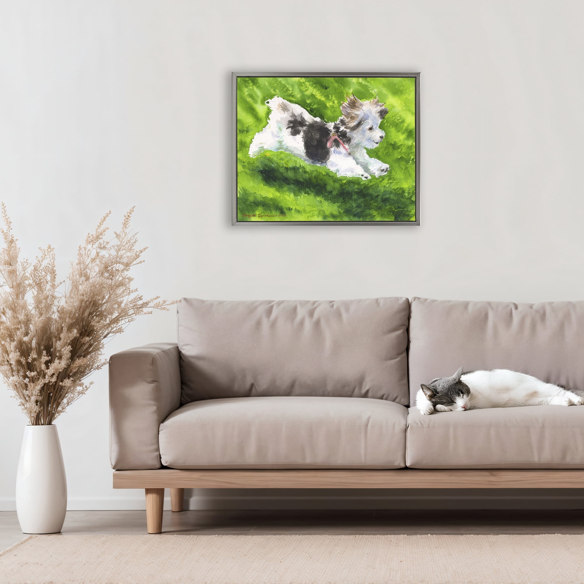 Stupell Industries Happy Maltipoo Running Gray Framed Floater Canvas Wall Art, design by George Dyachenko