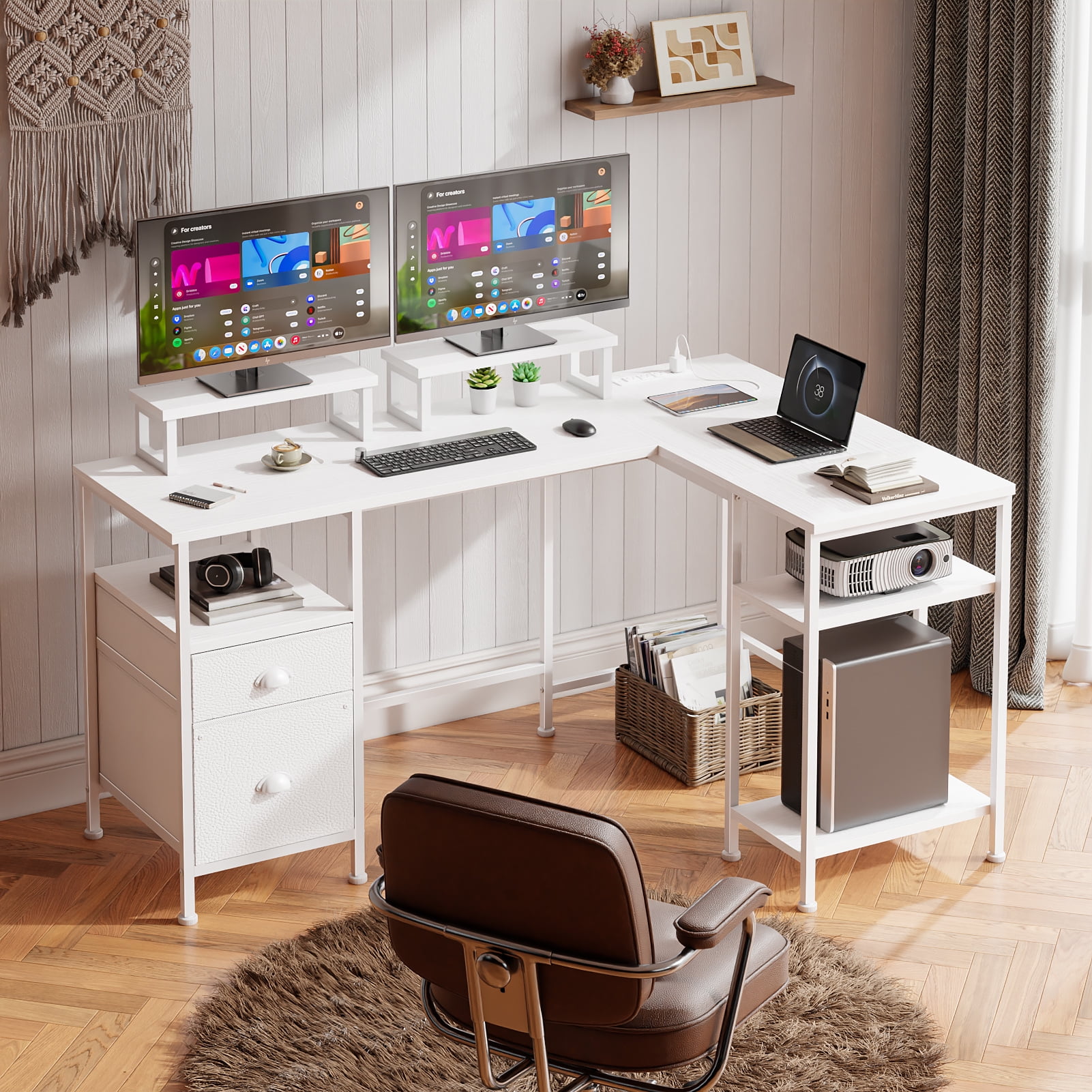Satifur 59-Inch L-Shaped Computer Desk with Power Outlets, White photo 1