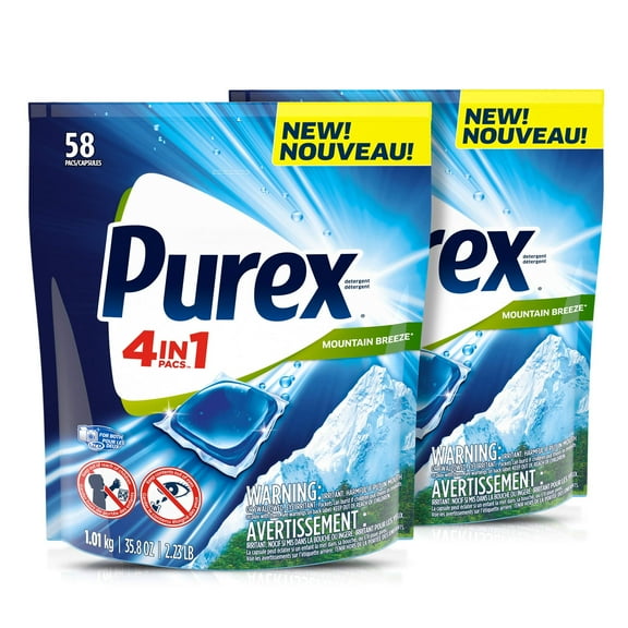 Purex 4-in-1 Laundry Detergent Pacs, Mountain Breeze, 58 Count, 2 Pack, Total Loads, 116 Count
