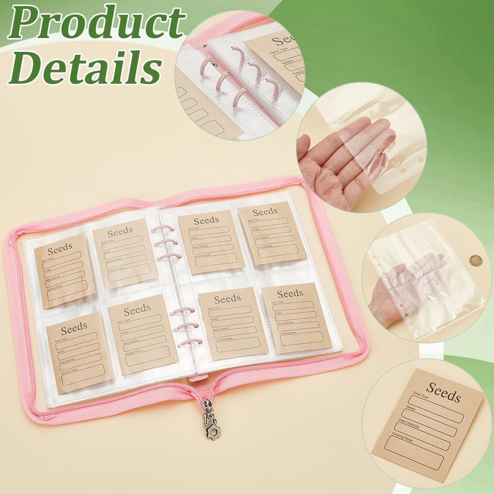 Seed Storage Organizers 100 Pcs Paper Envelopes with 25 Pcs Binder Cover Seed Storage Organizers Kits Clear Zipper Bag for Seed Storage Seed Organizer Sheet Protectors for Seeds Postcard Pink DIY