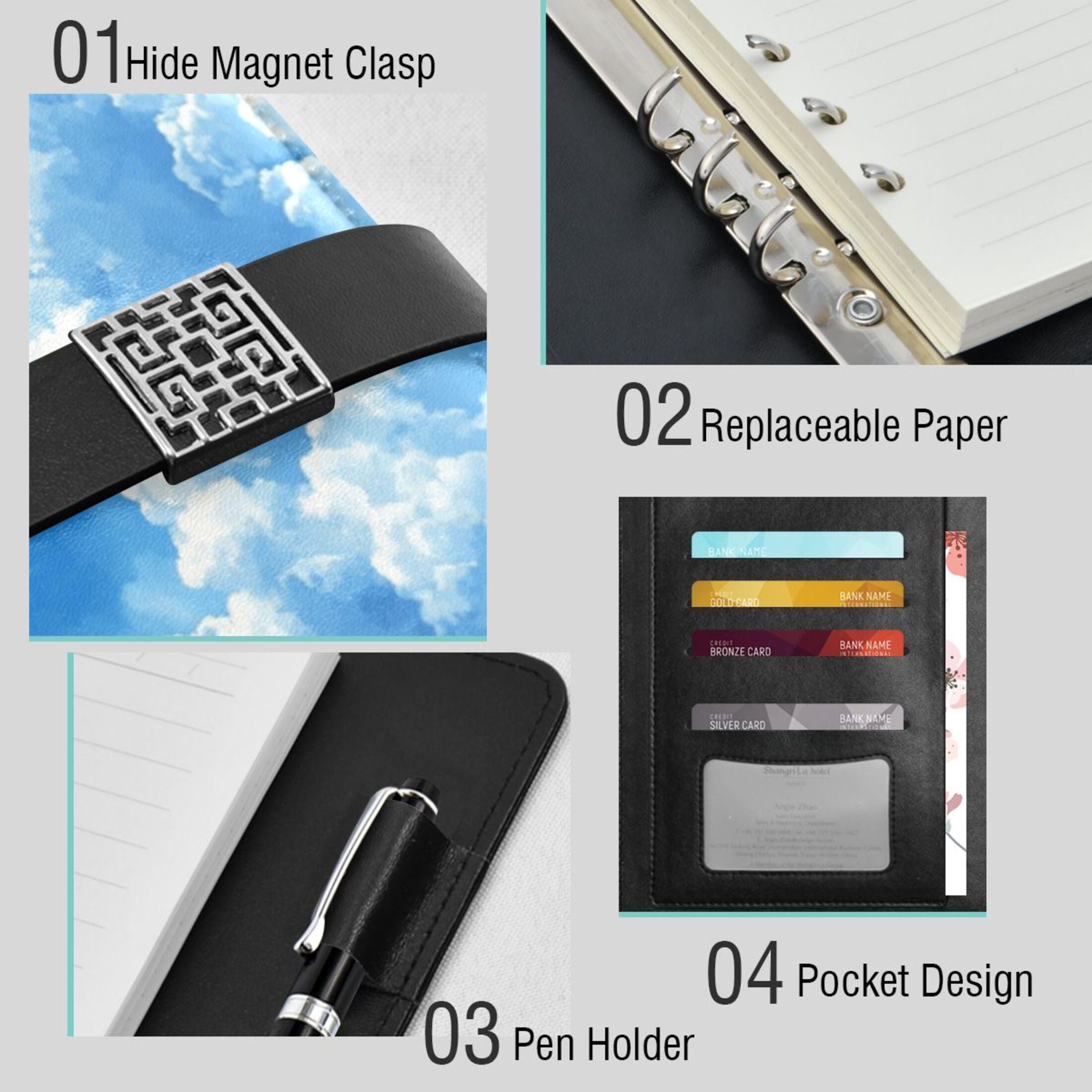 Leather Planner Leather Notebook Notebook Journal Binder Design Pen Pocket Design Convenient for Storage Beautiful Cartoon Blue Sky