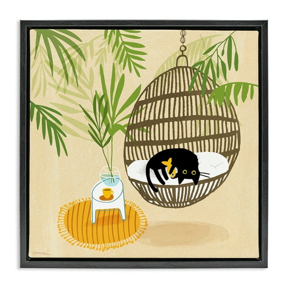 Stupell Industries Sleepy Cats on Porch Swing Animals Painting Black Floater Framed Canvas Art Print Wall Art, 18 x 18