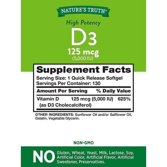 Nature's Truth High Potency Vitamin D3 5000 IU Quick Release, 130ct, 5-Pack