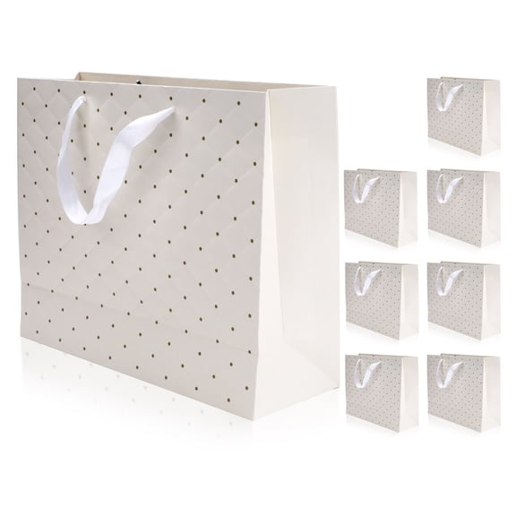8 Pieces Large Paper Gift Bags with Ribbon Handles & Card, White Gift Bags for Presents Multi-Pack Wedding Birthday Women Anniversary Shopping Teacher