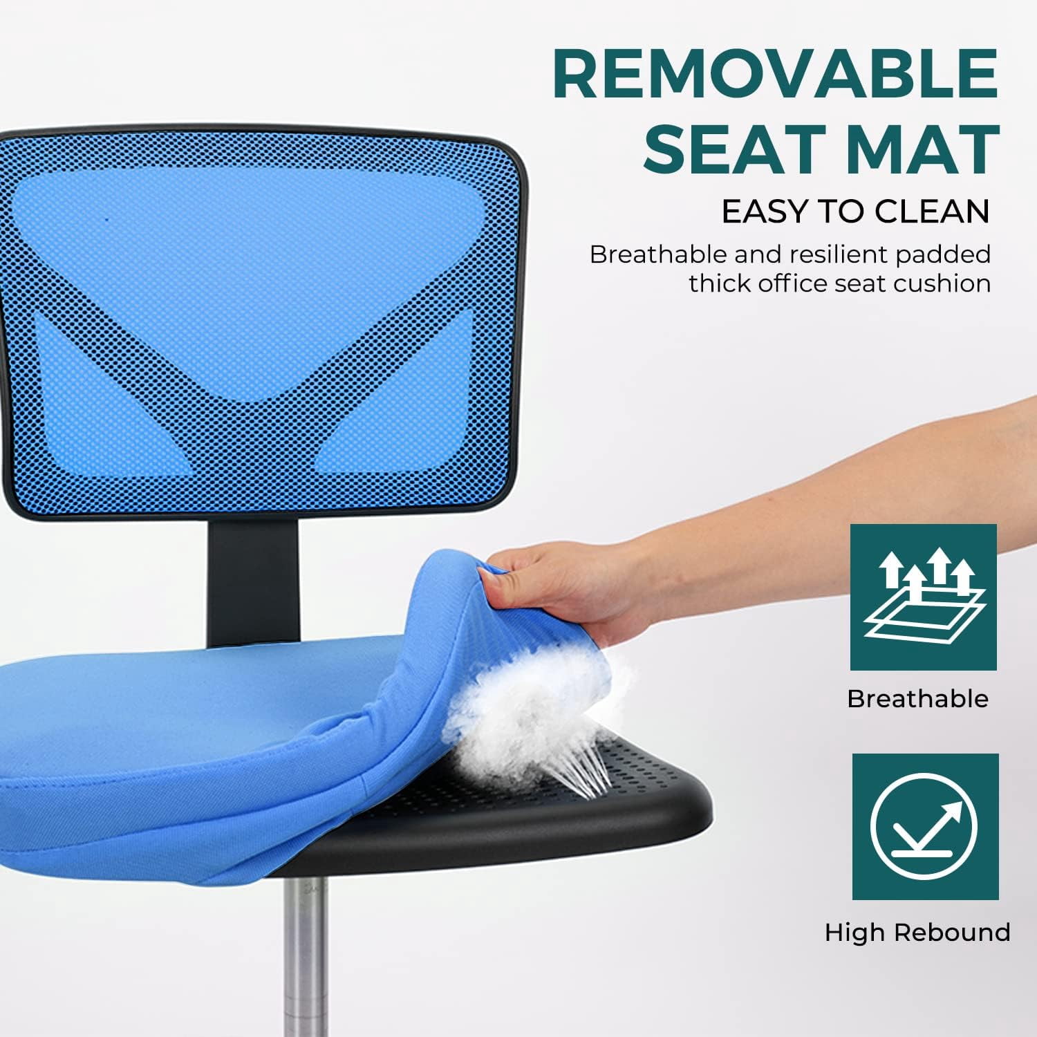 Armless Mesh Office Chair, Ergonomic Low-Back Swivel Desk Chair with Wheels and Lumbar Support, Height Adjustable, Blue