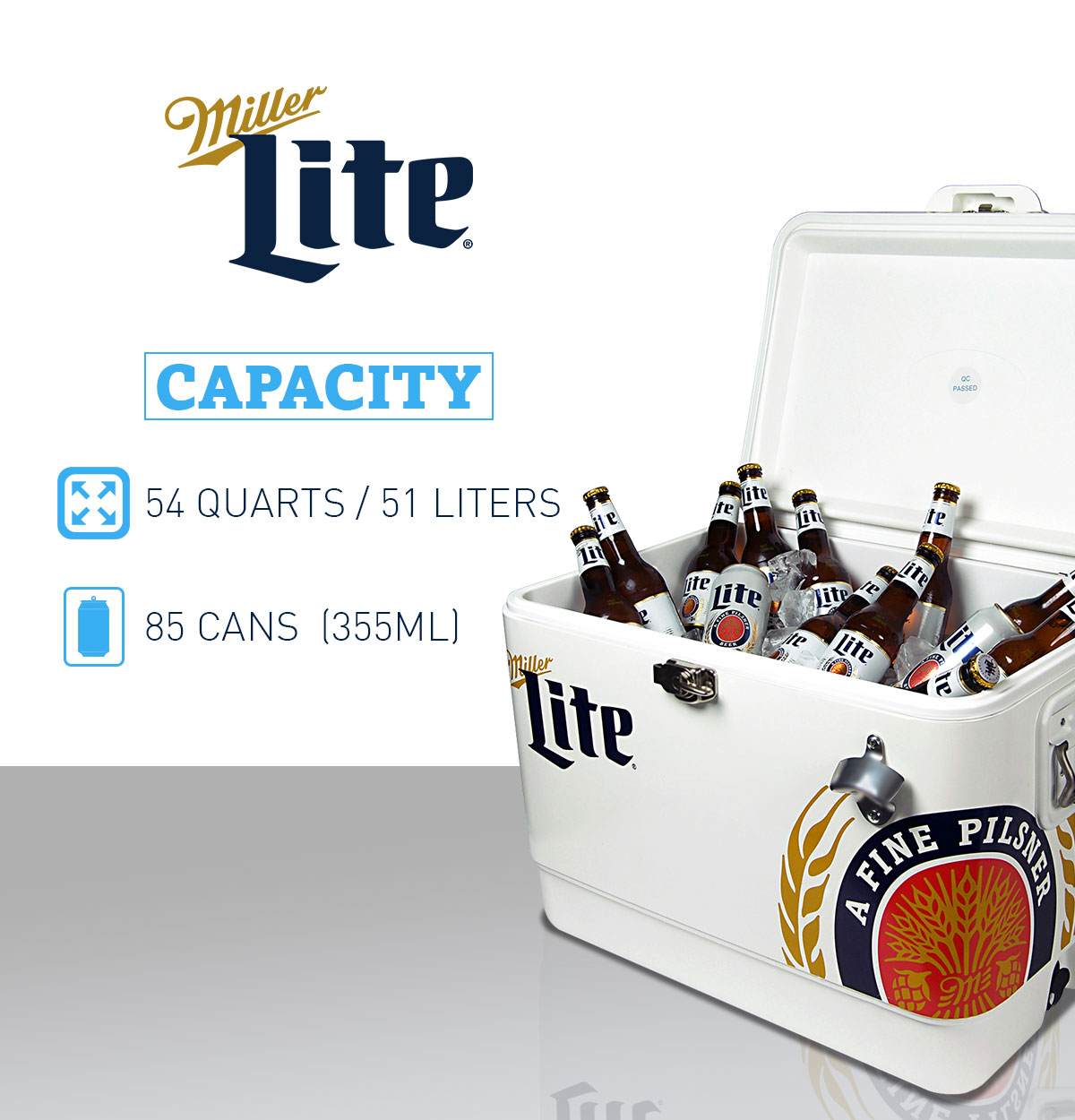 Miller Lite Ice Chest Cooler with Bottle Opener, 51L (54 qt), 85 Cans