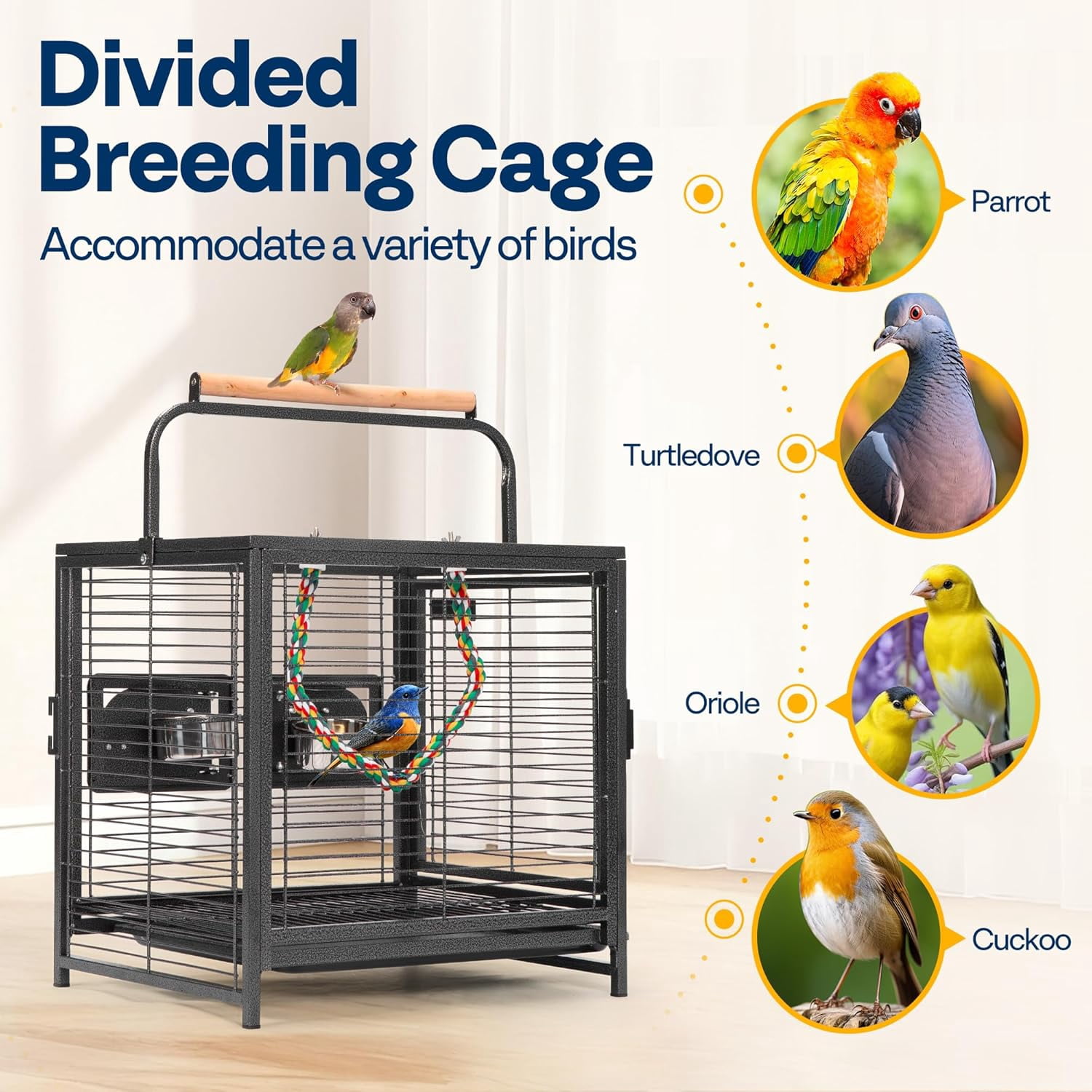 19 Inch Wrought Iron Bird Travel Carrier Cage for Parrots Conures Lovebird Cockatiel Parakeets Black