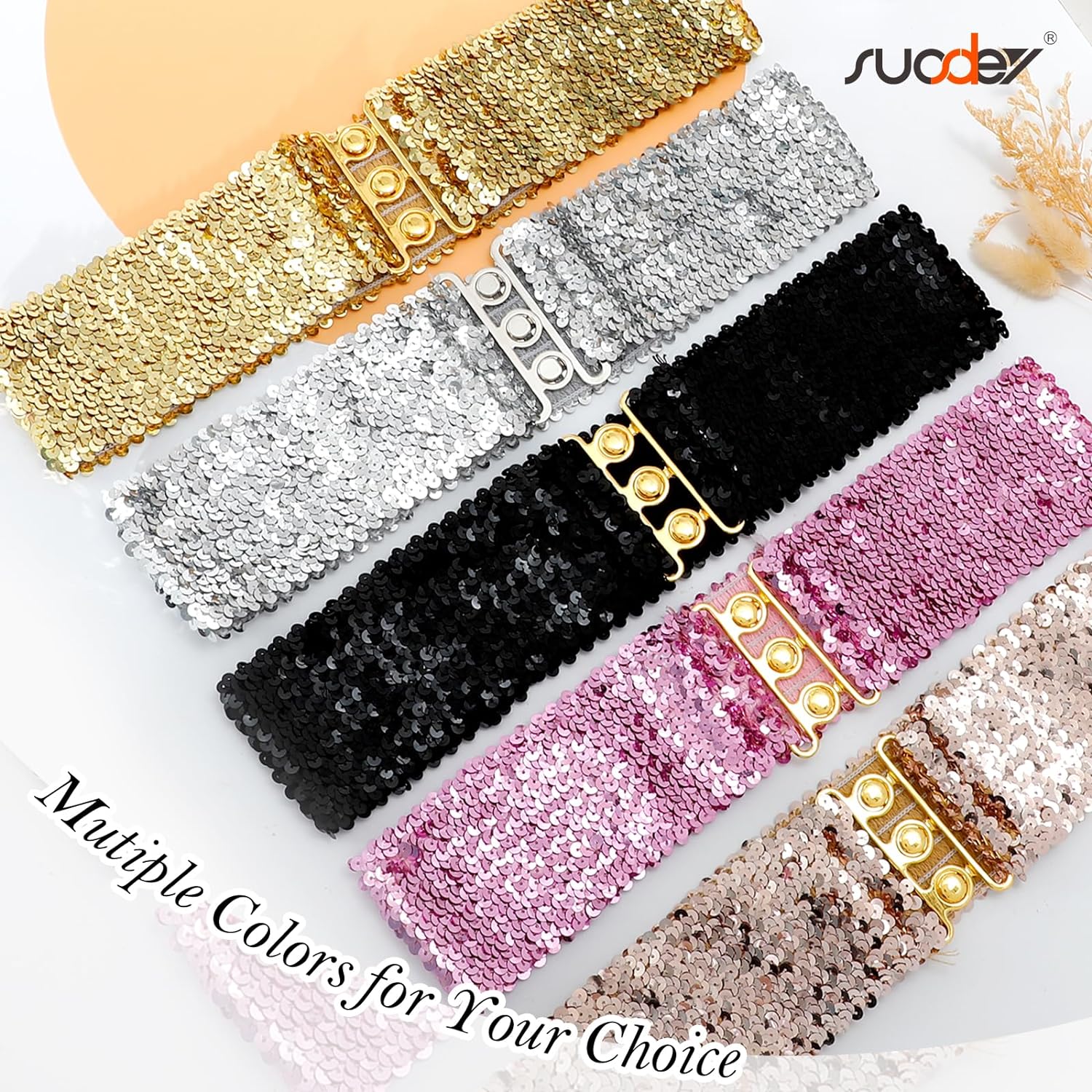 6784 Women\'s Sparkly Glitter Waistband Wide Stretch Elastic Belt Wedding Wide Glitter Belt Gold Belts For Women Women main image 2