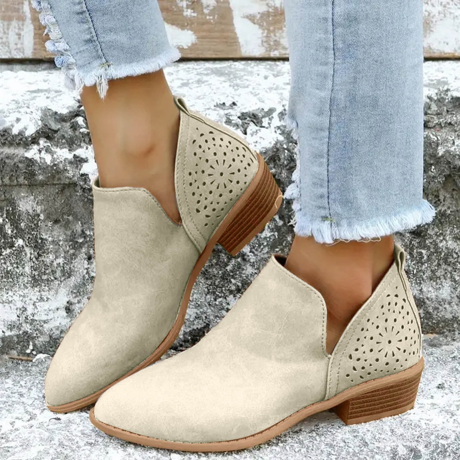 Dakaela Ankle Boots for Women Casual Slip on Loafers Chunky Low Heel Dress Shoes Cut out Work Booties
