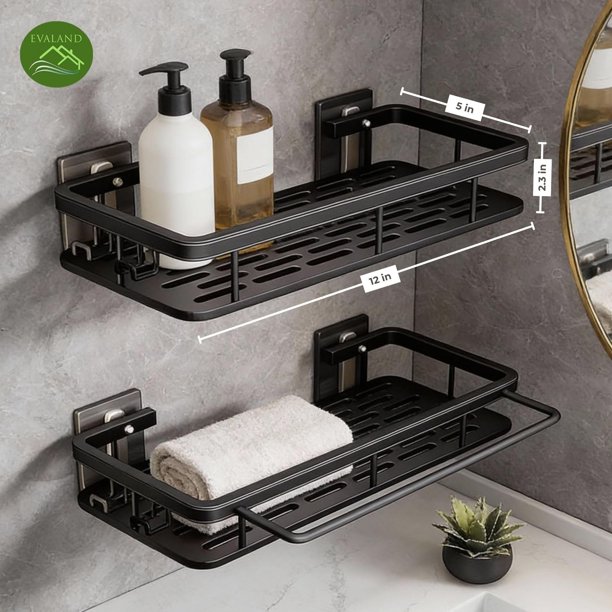 Paquete de 2 adhesivos para ducha con ganchos y barra para toallas color negro estante de ducha organizador de champú estante de tina