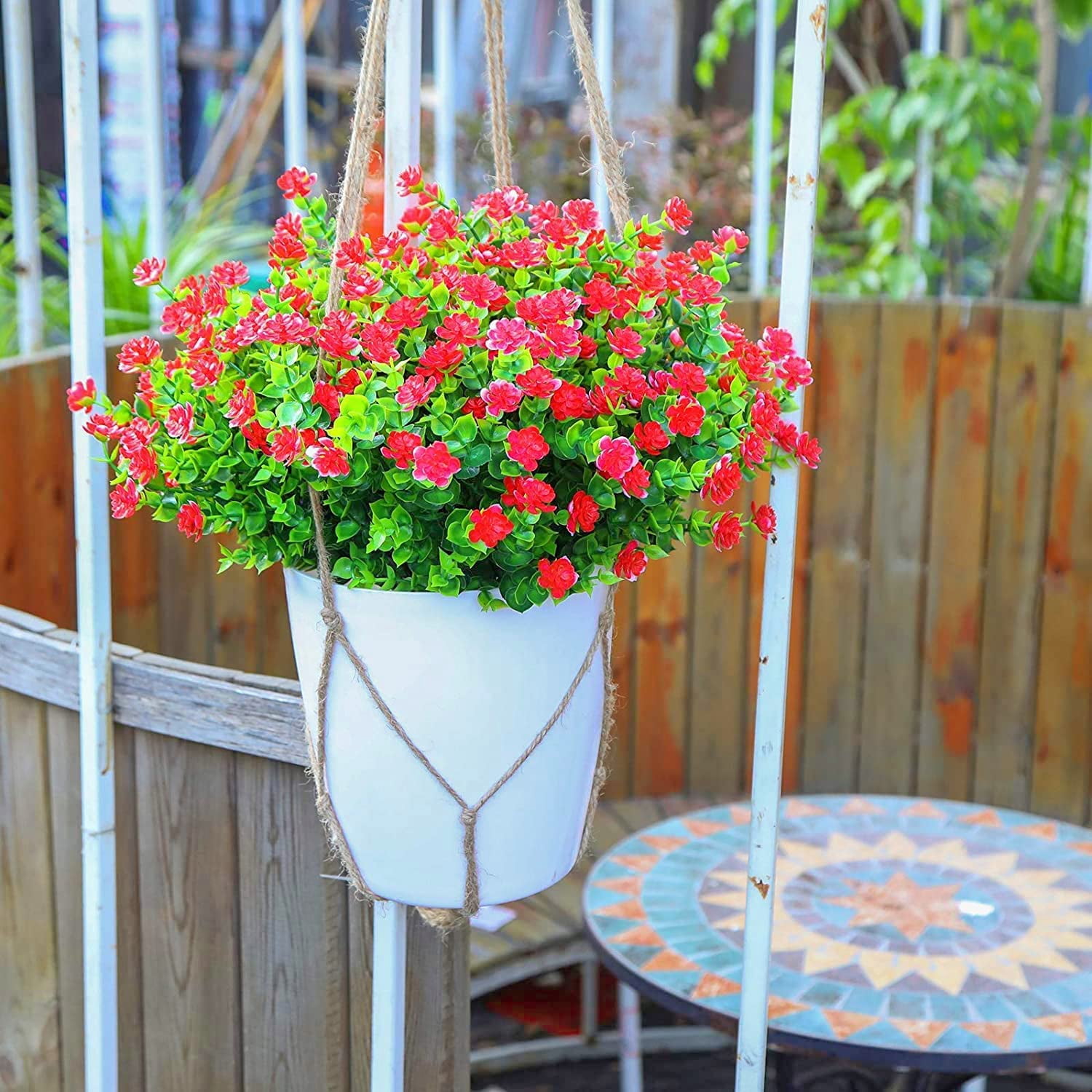 Artificial Plants Outdoor, UV Resistant Faux Outdoor Plastic Greenery Shrubs Plants Hanging Planter Indoor Outside for Porch Home Wedding Garden Decor (Red)
