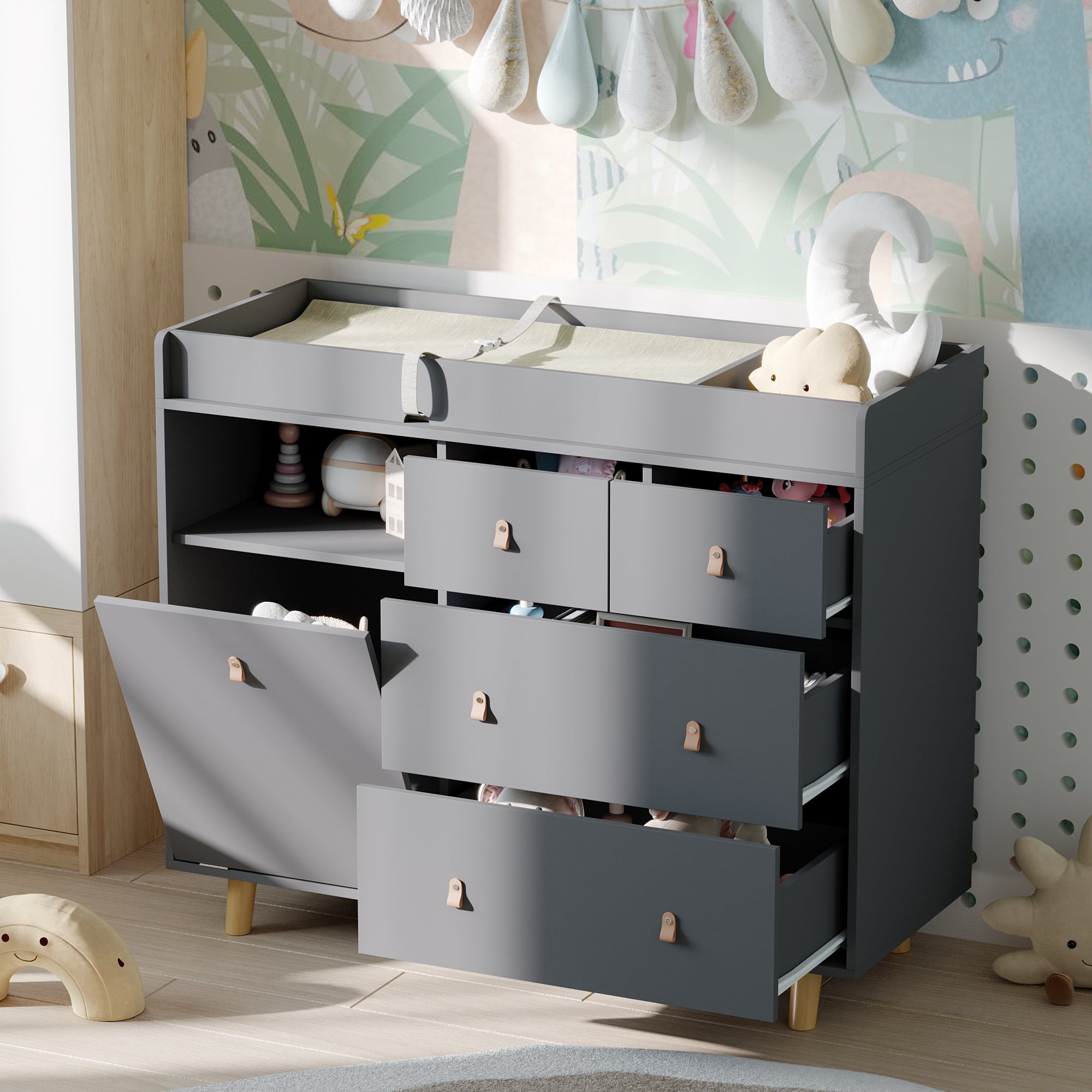 OXYLIFE 45" Baby Nursery Changing Table Dresser with 4 Drawers and Shelf for Nursery Room, Gray
